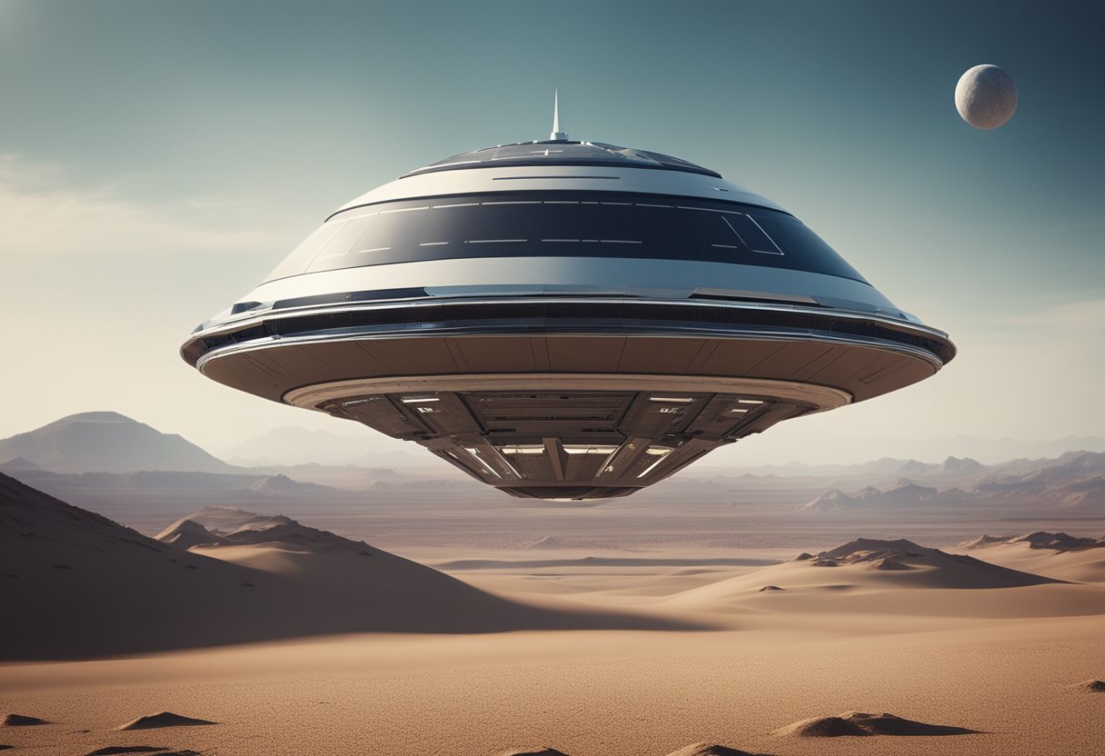 A sleek spacecraft hovers above a barren alien landscape, its innovative design hinting at advanced technology and extraterrestrial exploration