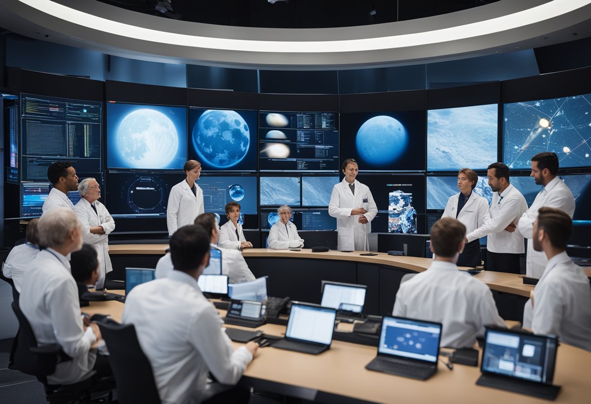 A group of scientists and engineers gather around a large screen displaying the latest updates on lunar exploration, discussing frequently asked questions