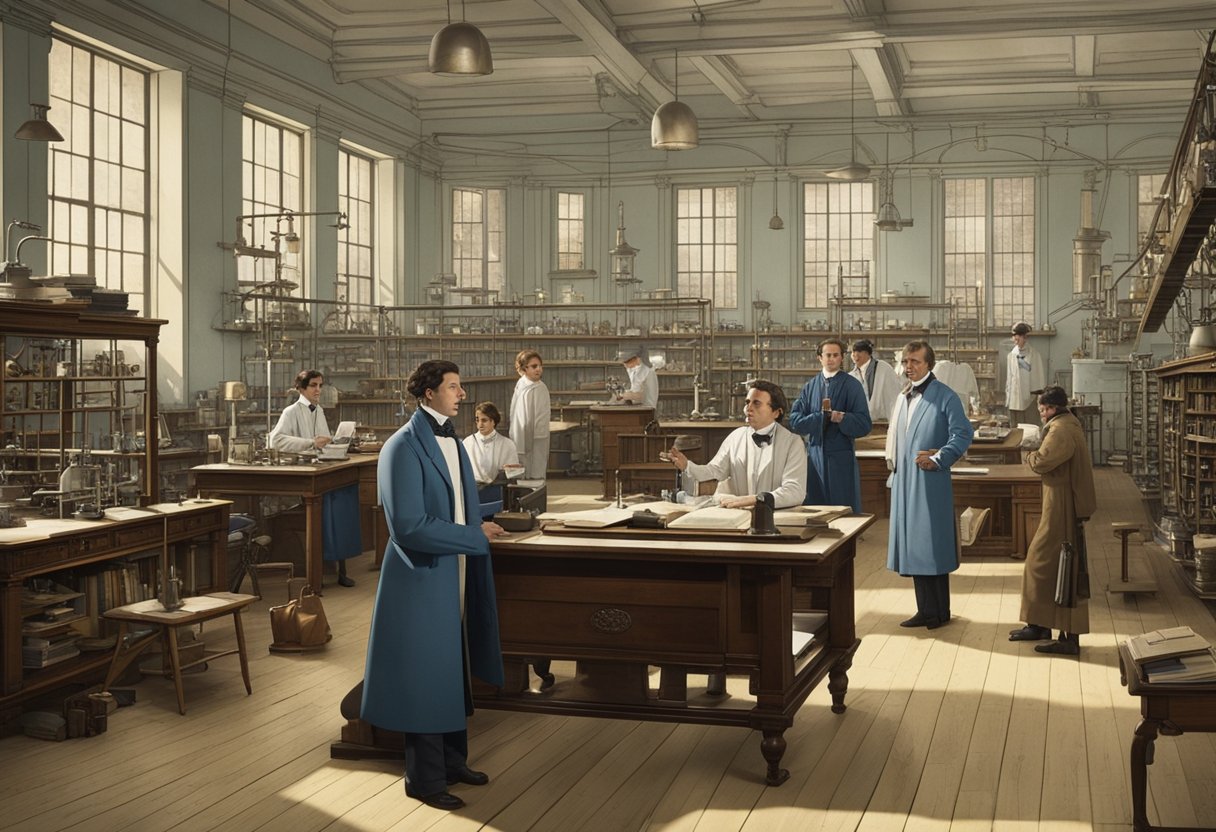 Scientists discuss theories, equations, and experiments in a bustling 19th-century physics laboratory. Books, diagrams, and scientific instruments fill the room