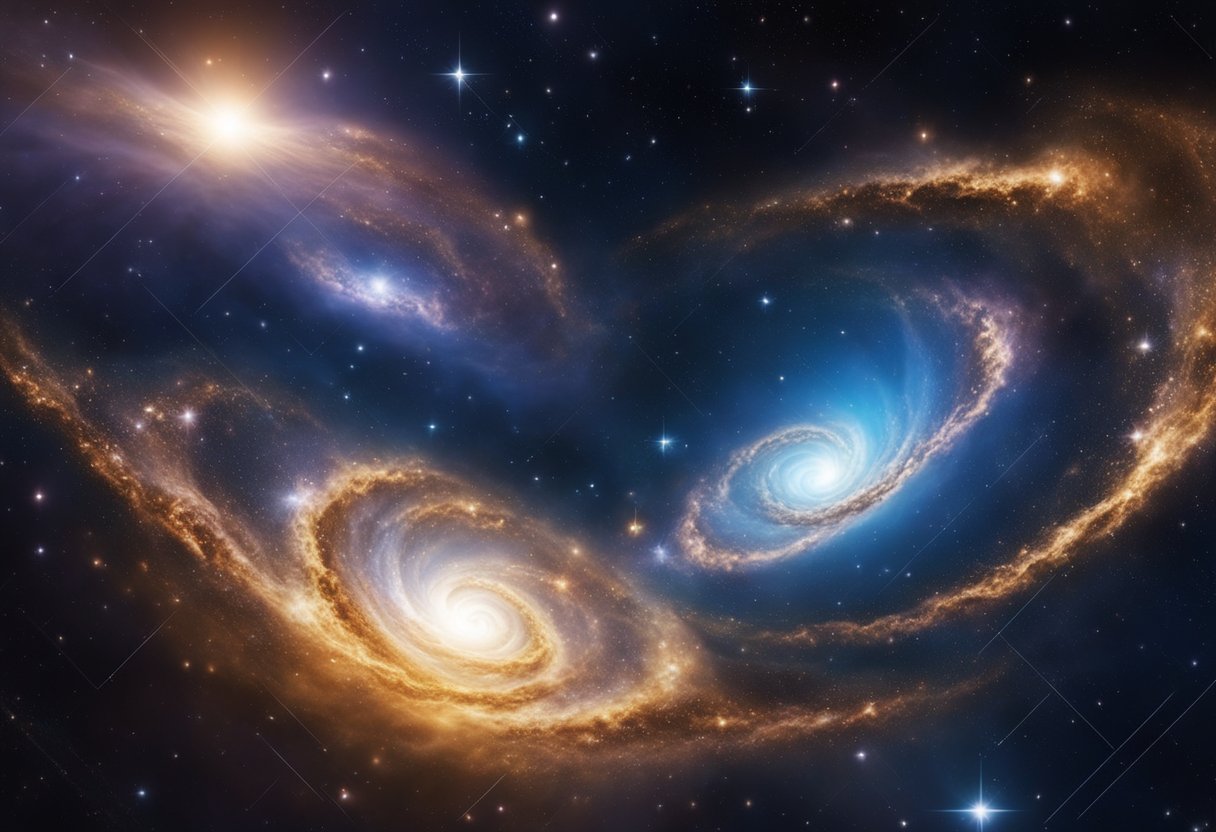 Galaxy Formation Insights : Bright stars swirl in a cosmic dance, birthing new galaxies in a vast expanse of space. Gas and dust merge, igniting brilliant bursts of light, shaping the universe's grand design