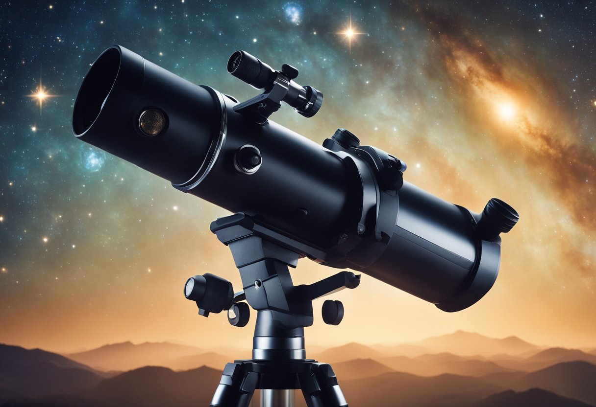 A telescope points towards a star-filled sky, planets and galaxies in the background. A chart of astronomical discoveries is displayed nearby