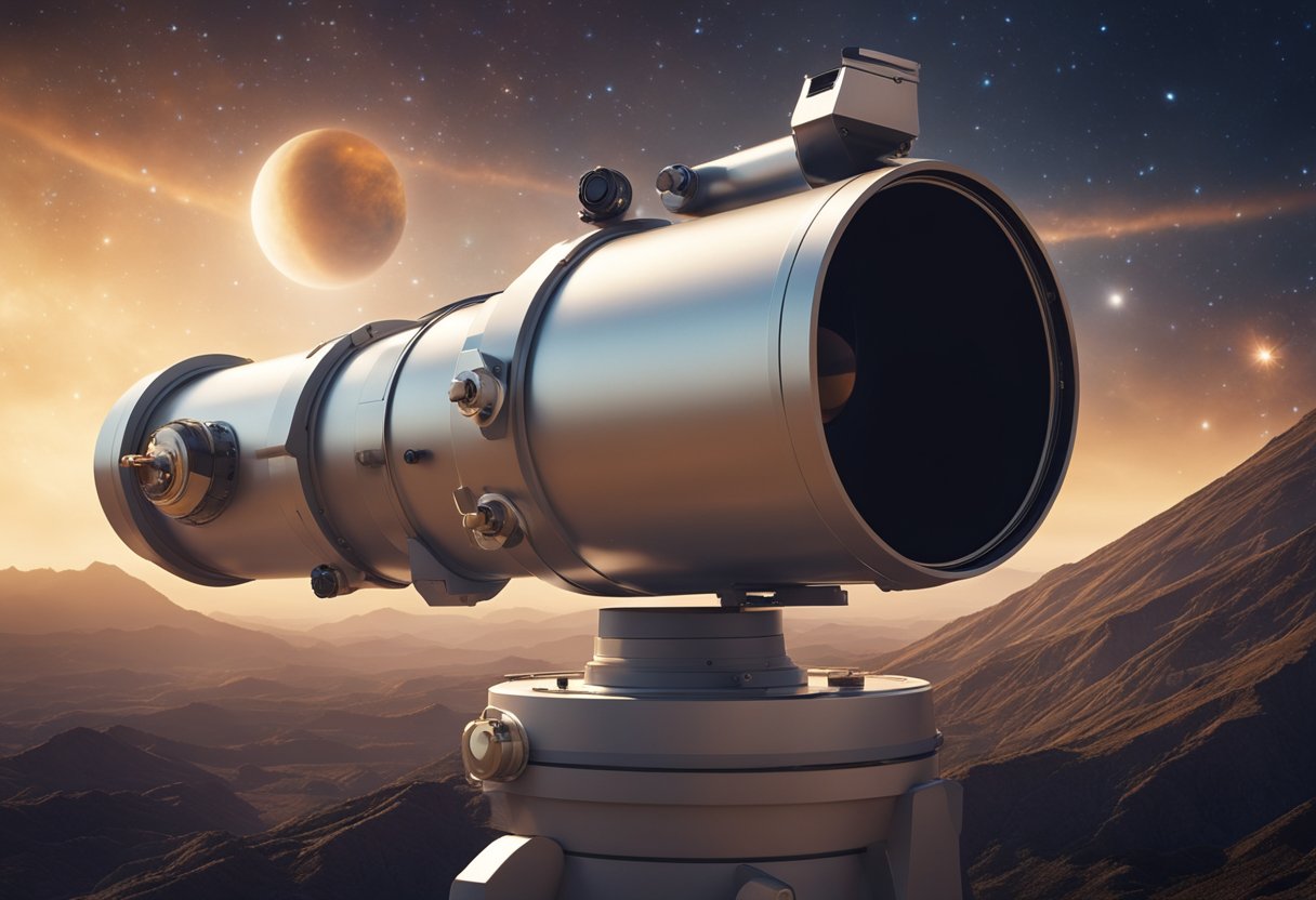 A telescope points towards a distant star, with an exoplanet visible in the background, surrounded by swirling clouds and distant celestial bodies