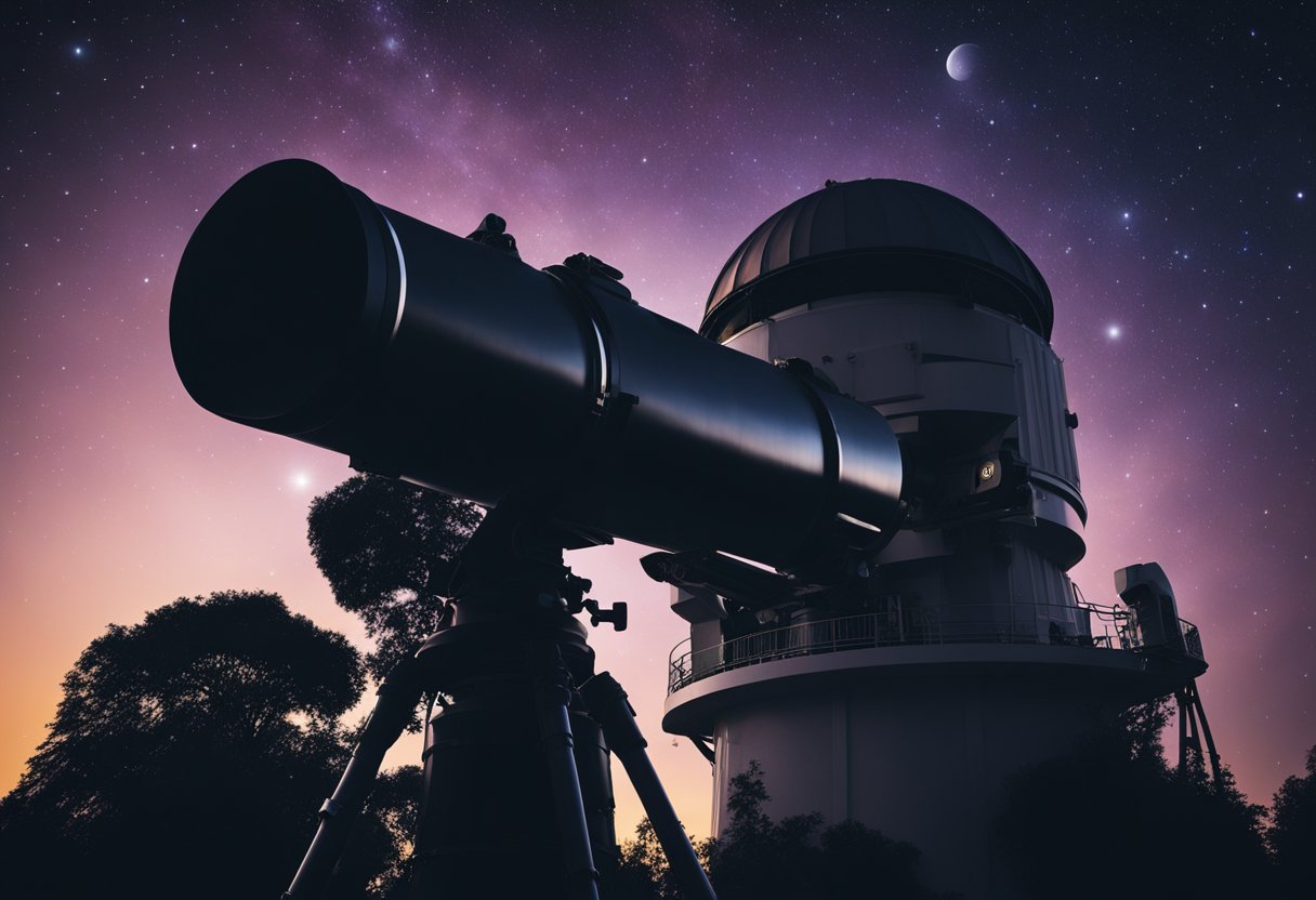 An observatory telescope captures the silhouette of an exoplanet against a starry background, highlighting its atmosphere's composition