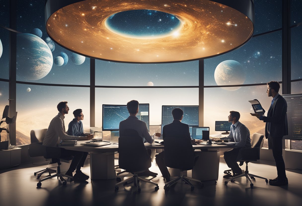 A group of researchers and scientists collaborate around a telescope, studying data and discussing exoplanet visibility. Books, computers, and charts are spread out on a large table, with a map of the night sky hanging on the wall