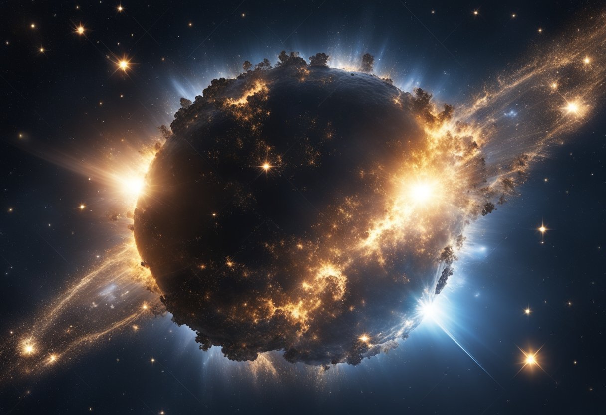 A massive explosion of light and energy bursts from a dying star, sending shockwaves and debris into space