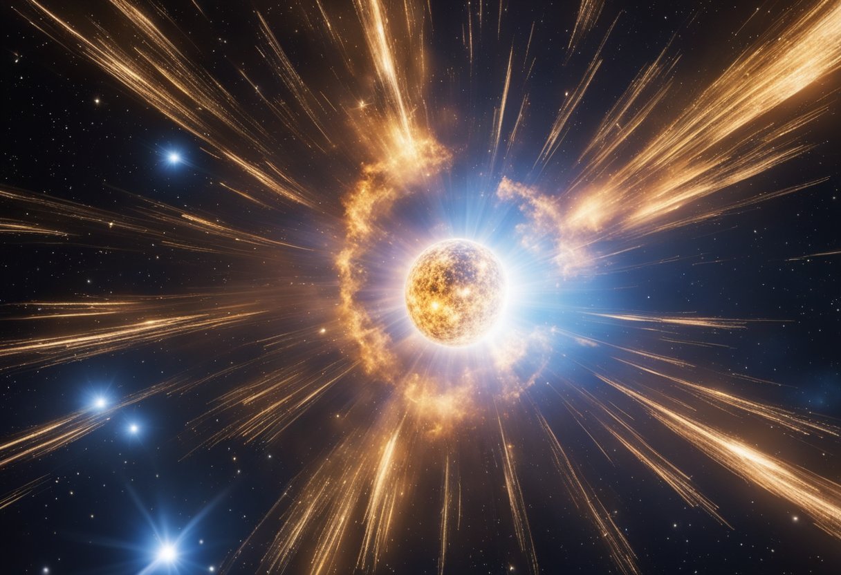 A bright supernova explodes, sending shockwaves and debris into space, while scientists observe and record data from their advanced telescopes