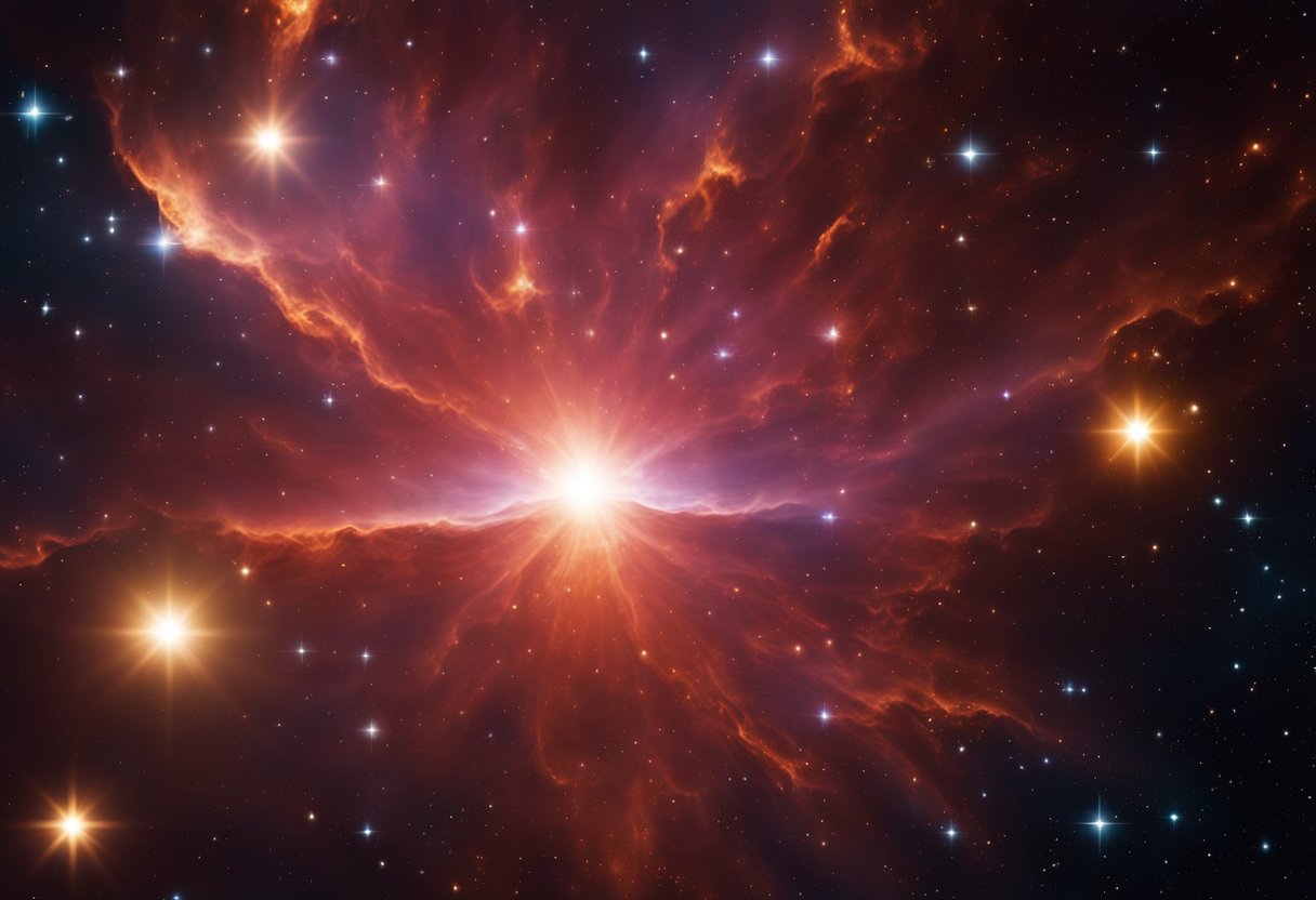 A bright star forms within a cloud of gas and dust. As it ages, it expands into a red giant, then collapses into a dense white dwarf or explodes into a supernova, scattering its outer layers into space, creating a new nebula