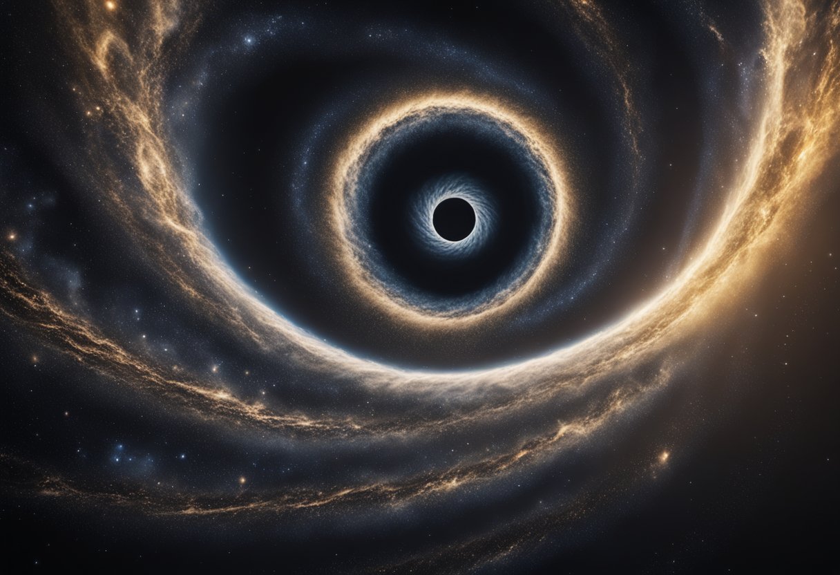 Black Hole Observations - A swirling mass of gas and dust spirals into a dark, ominous center, where light and matter disappear into the depths of the black hole