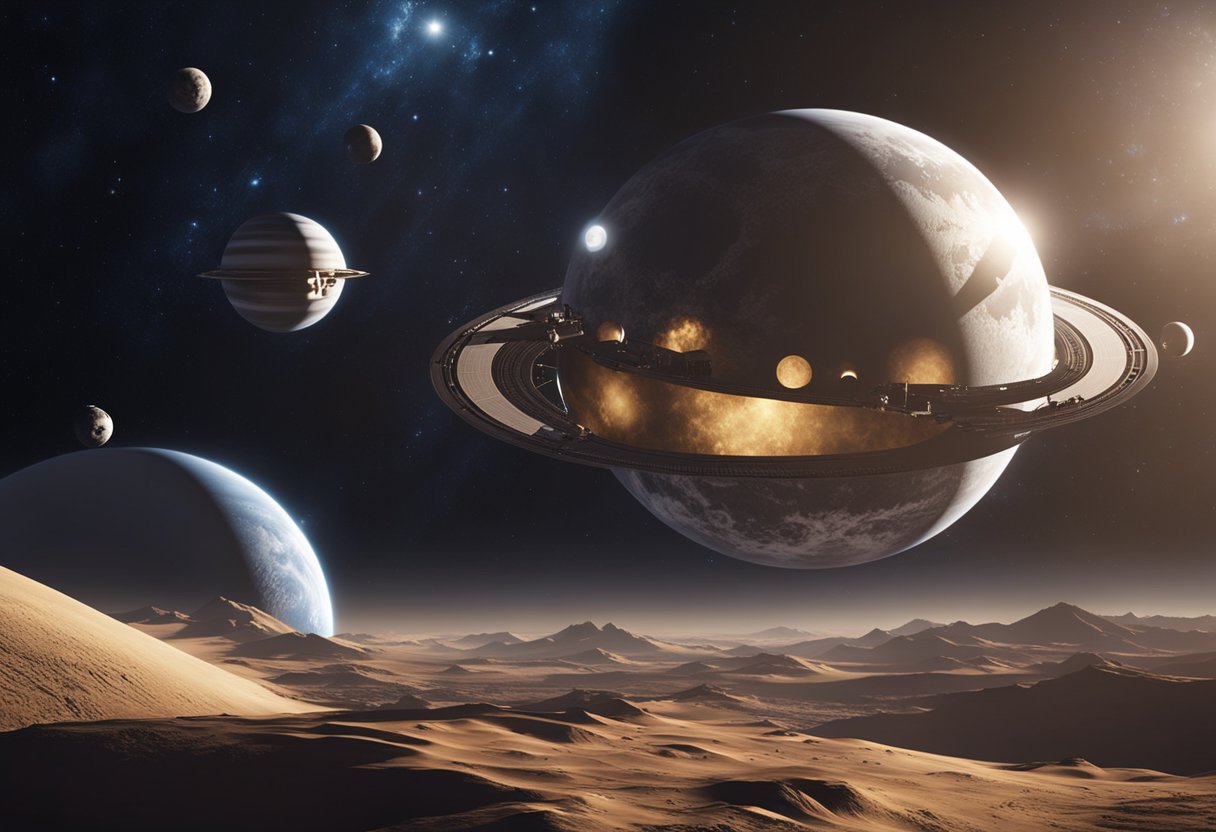 Interplanetary travel concepts: spacecraft orbiting distant planets, with futuristic technology and celestial bodies in the background