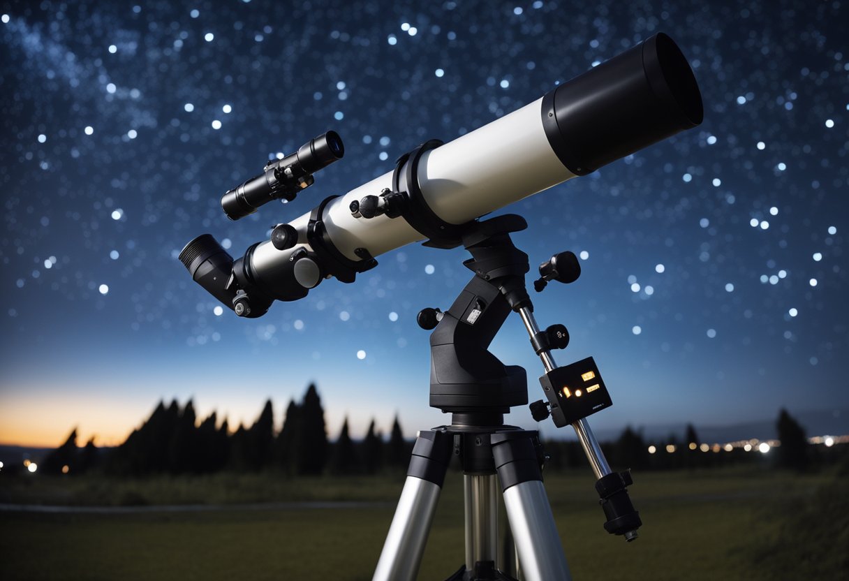 A telescope scans the night sky, tracking cosmic events for technological development