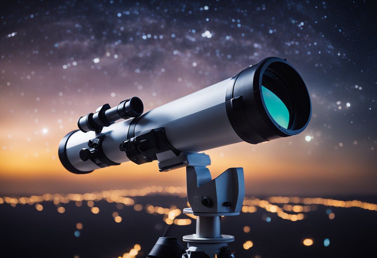 A telescope points towards the night sky, surrounded by research notes and funding documents. The cosmic event tracking station hums with activity
