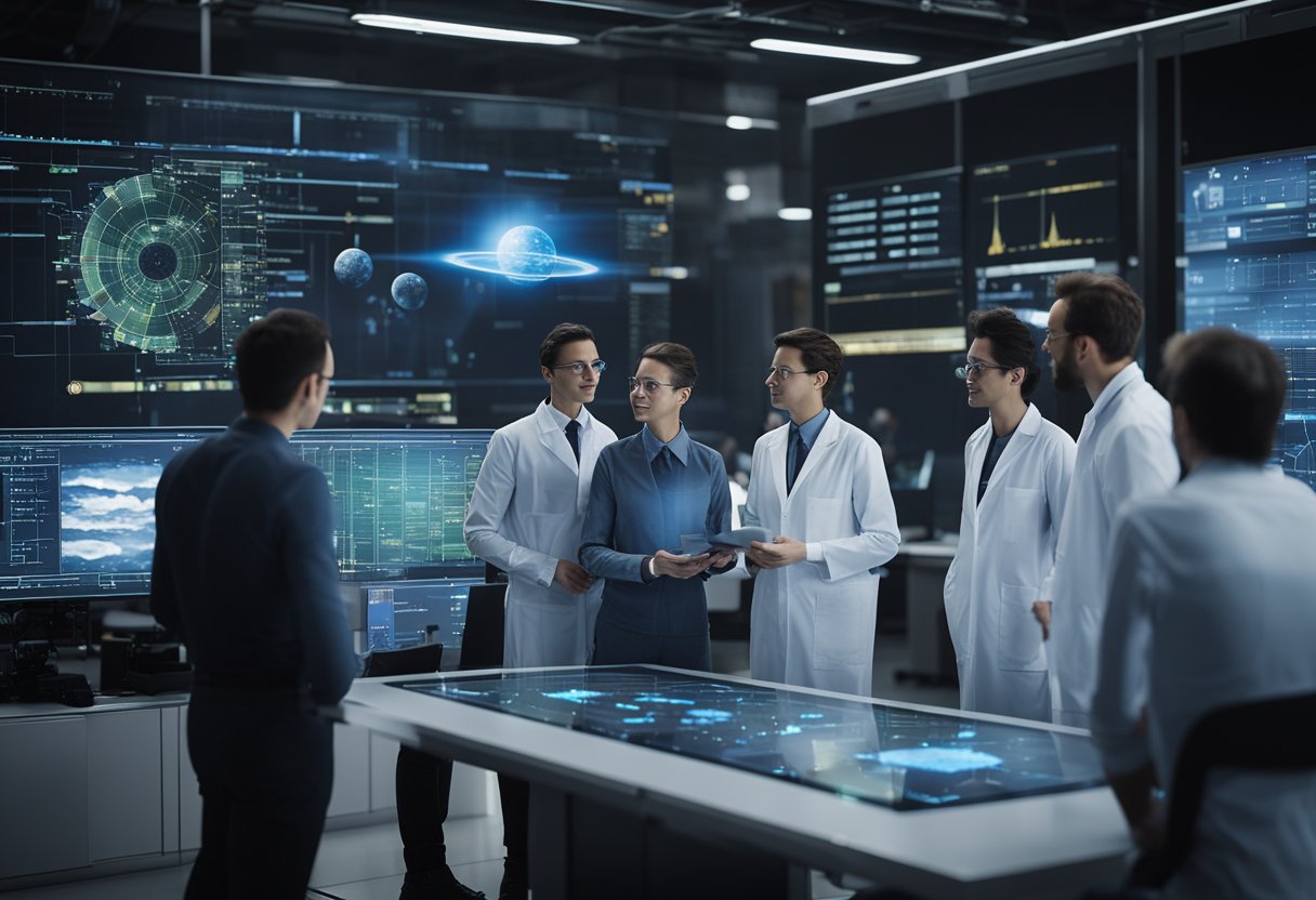 A team of engineers and scientists gather around a holographic display, discussing interplanetary travel concepts and mission planning. Technical schematics and data charts cover the surrounding workstations