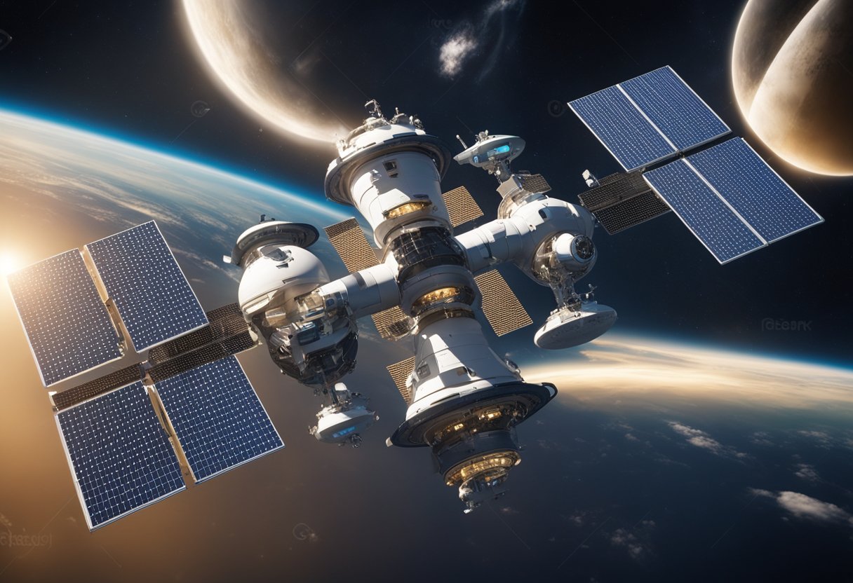 Advanced space station with sleek solar panels, docking ports, and futuristic propulsion systems orbiting Earth