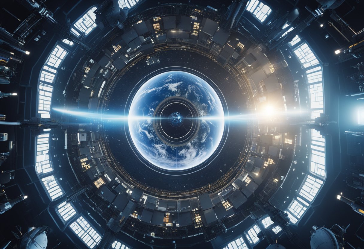 A futuristic space station orbits Earth, surrounded by a web of regulatory frameworks and policies, symbolizing the future of space exploration