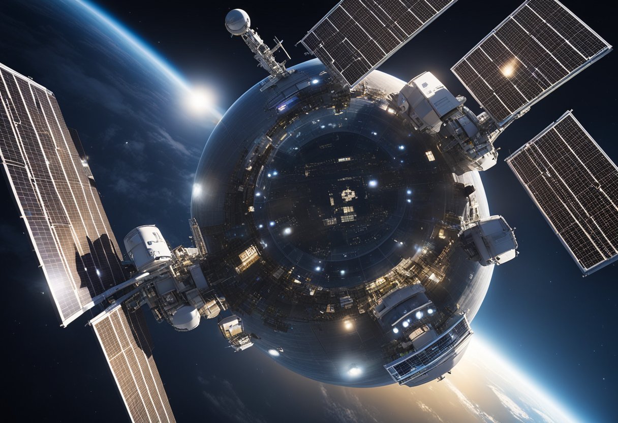 Space stations orbiting Earth, with private company logos visible. Solar panels and futuristic architecture indicate commercial ventures and privatisation of space exploration
