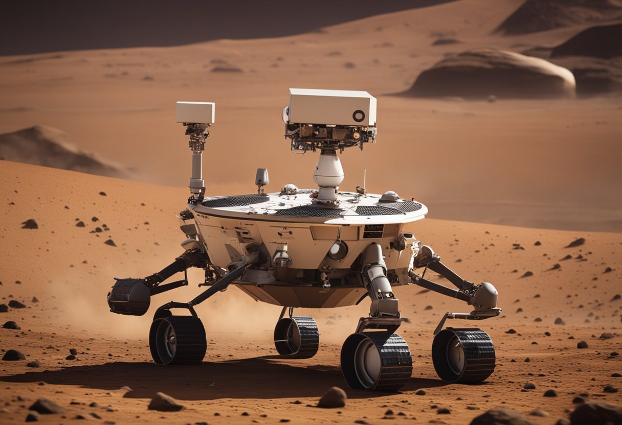 A spacecraft lands on Mars, deploying rovers to explore the terrain. Scientists monitor data, celebrating breakthroughs in space exploration
