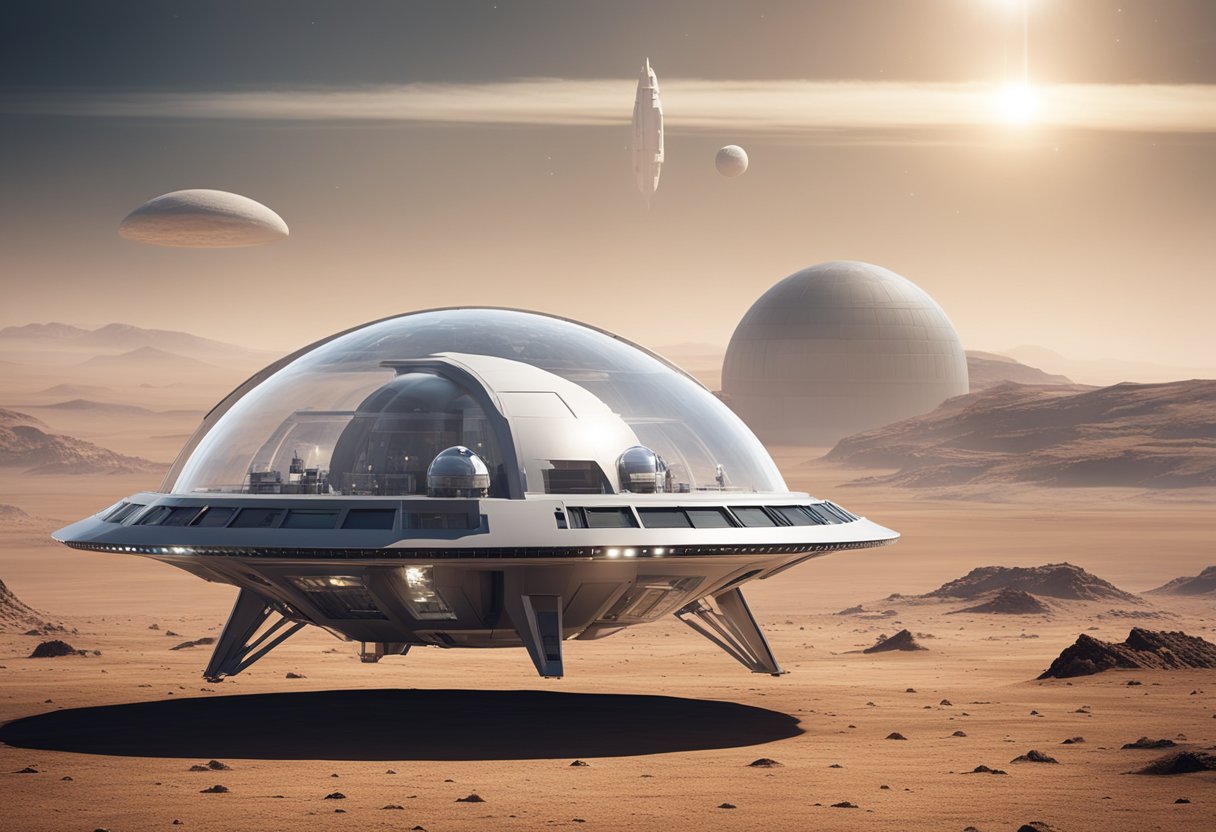 A sleek, high-tech spacecraft hovers above a barren alien landscape, with modular habitats and life support systems visible through transparent domes
