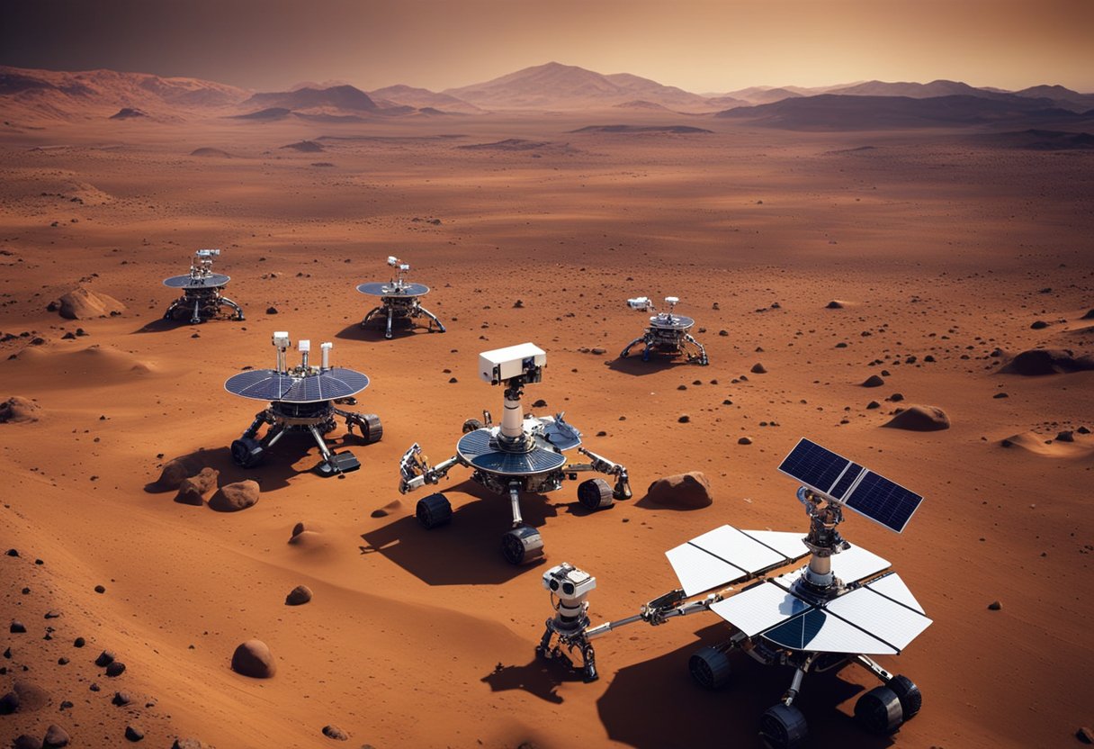 Robotic arms assemble advanced equipment on the surface of Mars, while solar panels capture energy for the base. Communication satellites orbit above, relaying data back to Earth