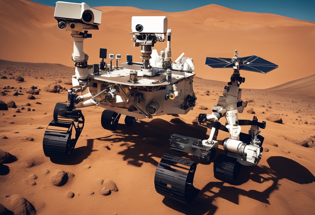 A spacecraft from Earth and a Mars rover working together on the red planet, exchanging data and conducting experiments