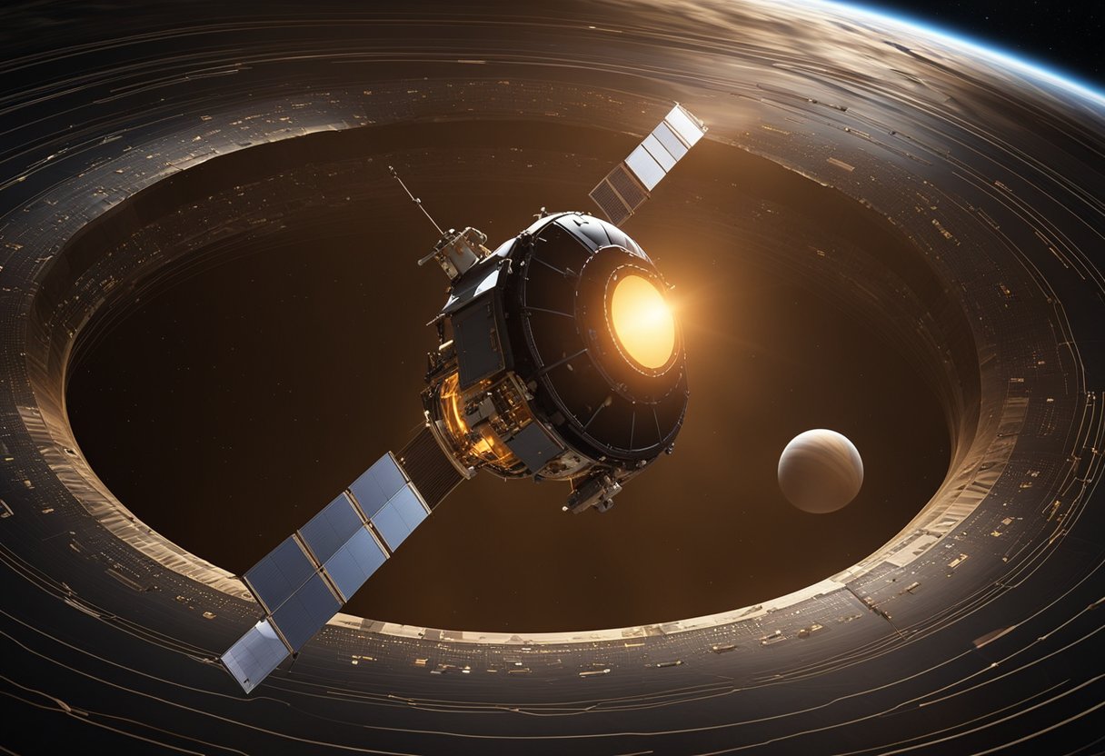 A robotic probe descends through Venus' thick atmosphere, its heat shield glowing red-hot. It deploys parachutes to slow its descent, then begins transmitting data back to Earth
