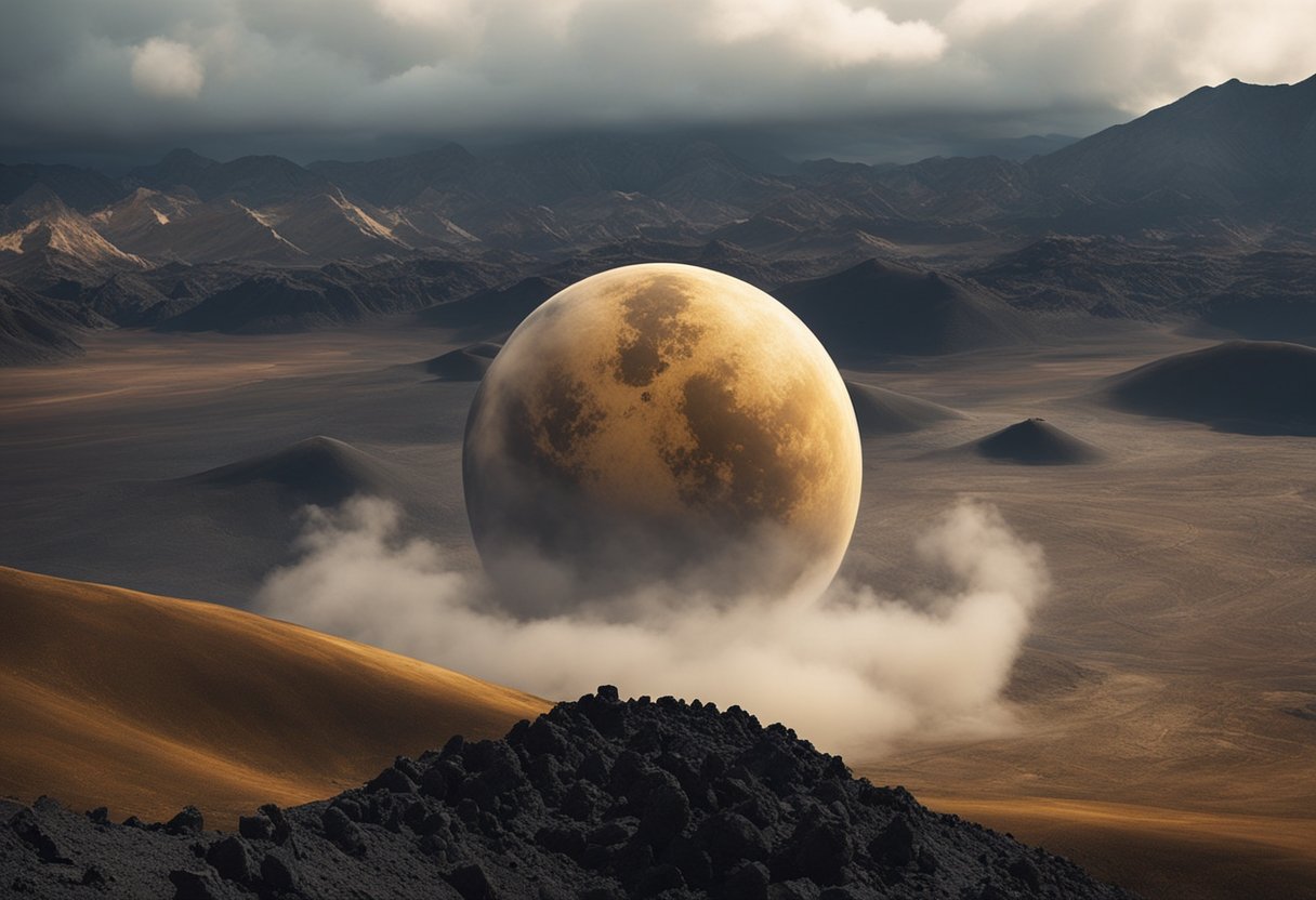 A spacecraft approaches Venus, its surface covered in volcanic plains and highland regions. The atmosphere is thick with clouds of sulfuric acid, creating a hazy and mysterious landscape