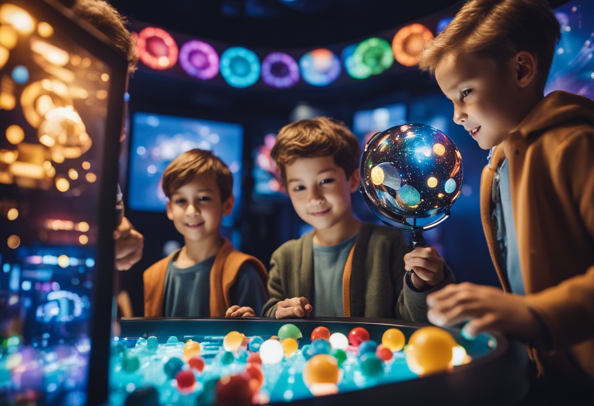 Children playing space-themed games with colorful interactive displays and futuristic props in a vibrant, imaginative setting