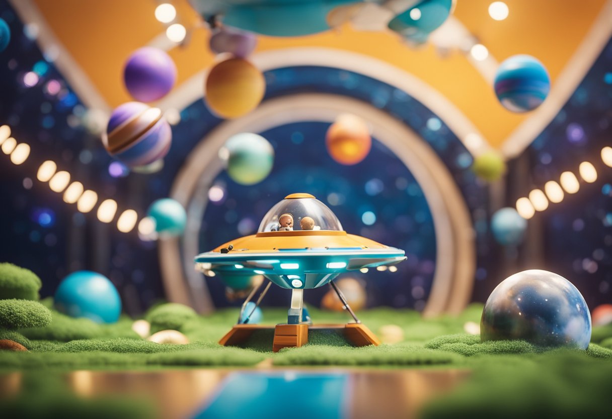 Children play interactive space games, surrounded by colorful planets, stars, and spaceships. A rocket ship zooms past, while a space station floats in the distance