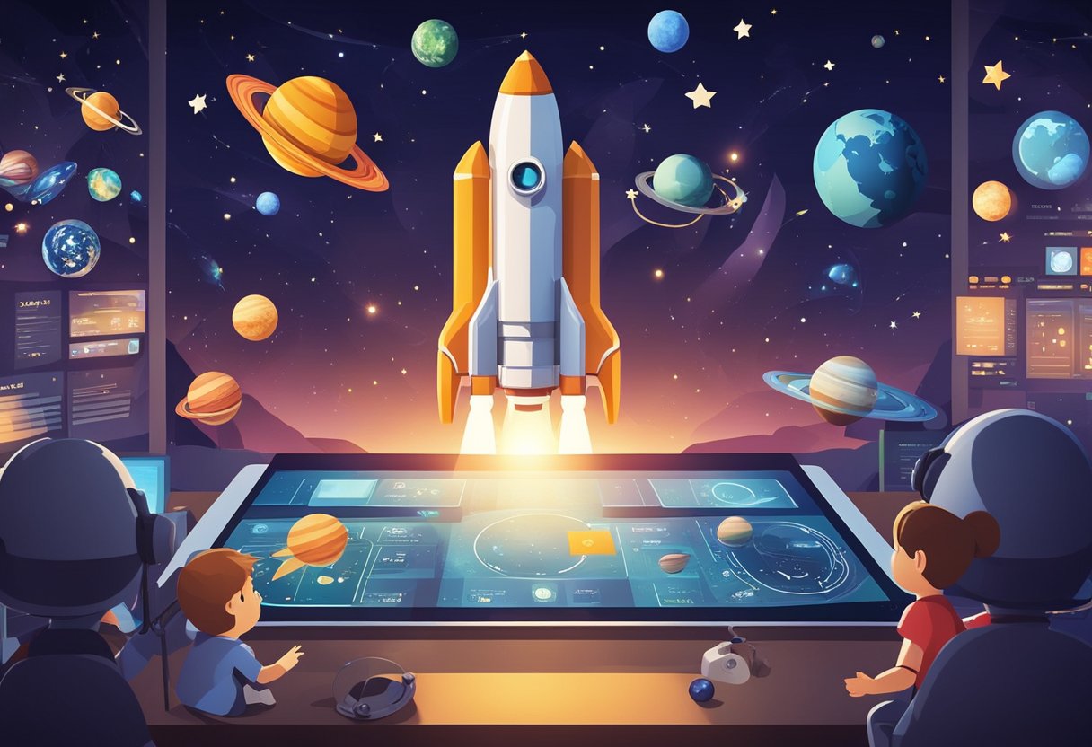 A rocket launches into space, surrounded by stars and planets. A control center monitors the mission, while children play interactive space games
