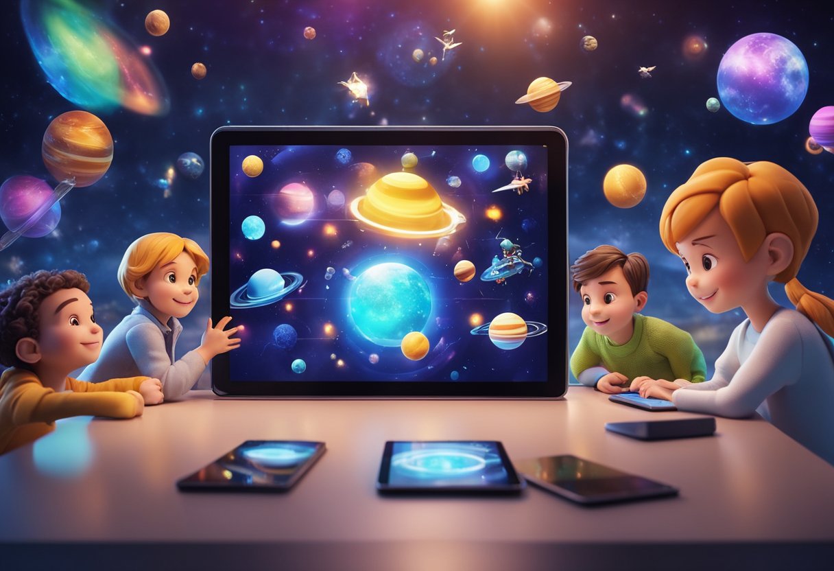 Children playing interactive space games on futuristic tablets. Bright colors and animated characters fill the screen, captivating young players