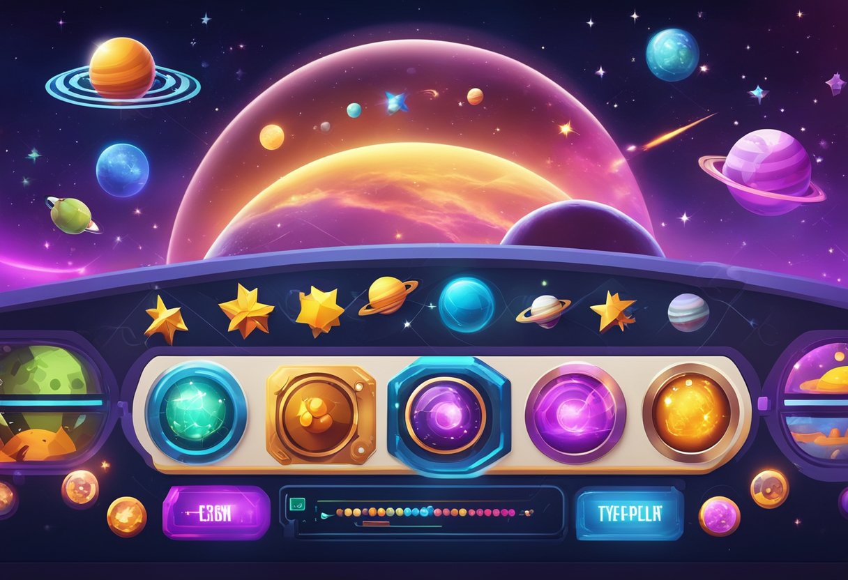 A colorful, space-themed game interface with interactive buttons and engaging visuals for children
