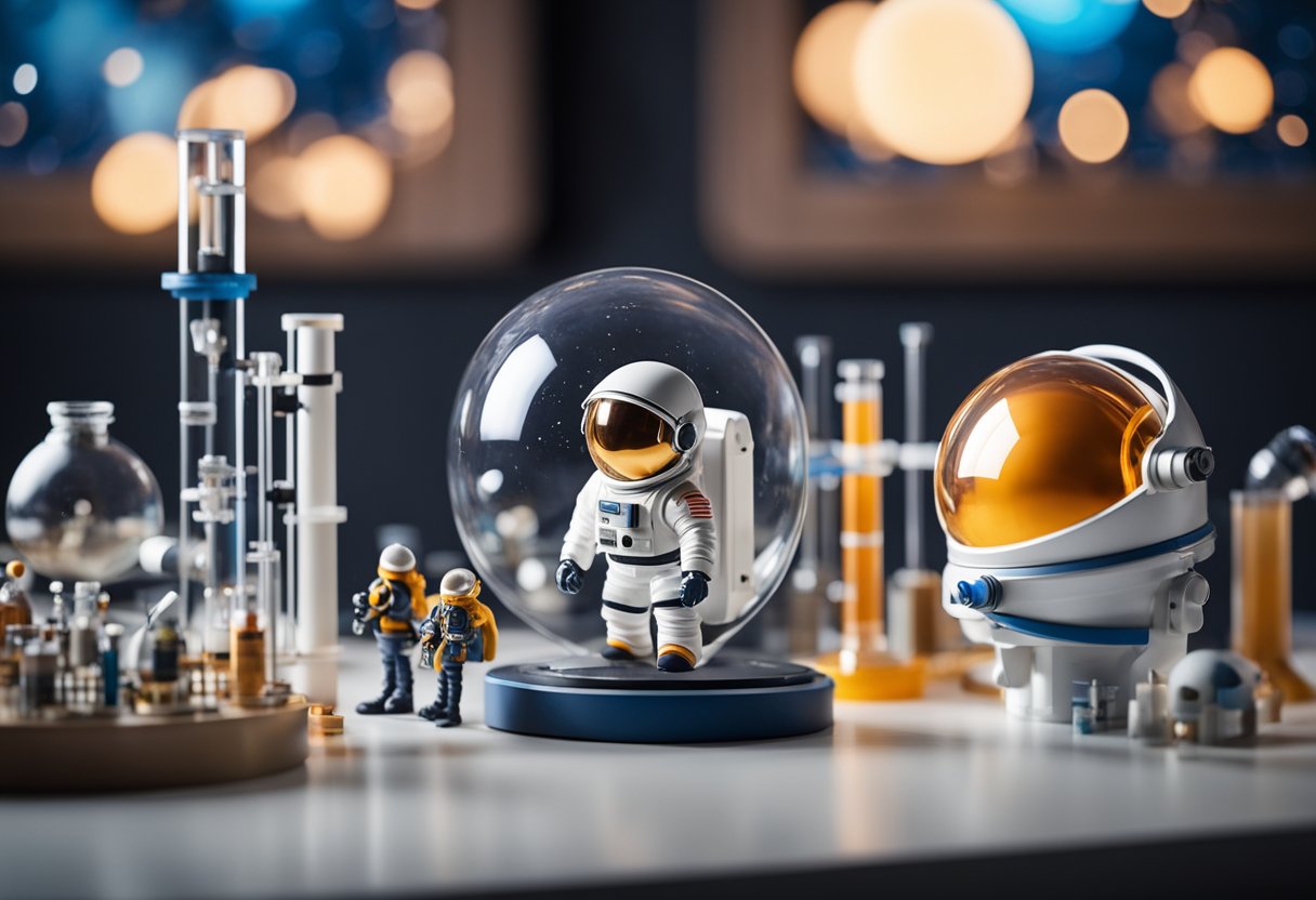 Kids conduct space experiments in a lab with test tubes, beakers, and a model of the solar system. A telescope and astronaut helmet are nearby