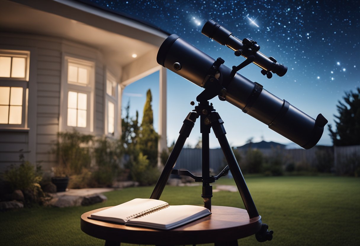 A telescope points towards the night sky from a backyard. A small table holds notebooks, pencils, and a star chart. A child's telescope and space-themed posters decorate the area