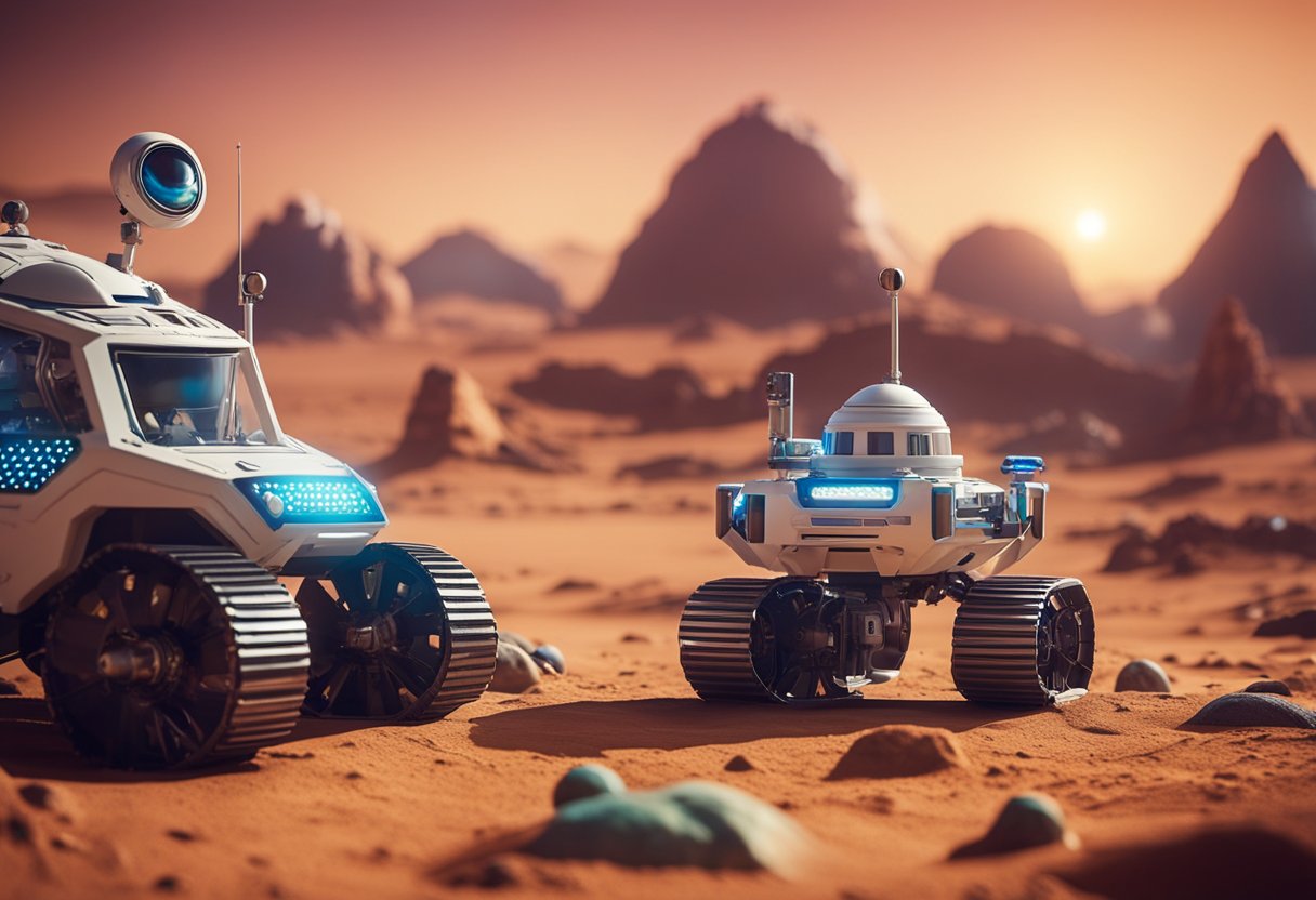 Rovers, landers, and probes explore alien terrain in a colorful, futuristic space setting for kids' science experiments