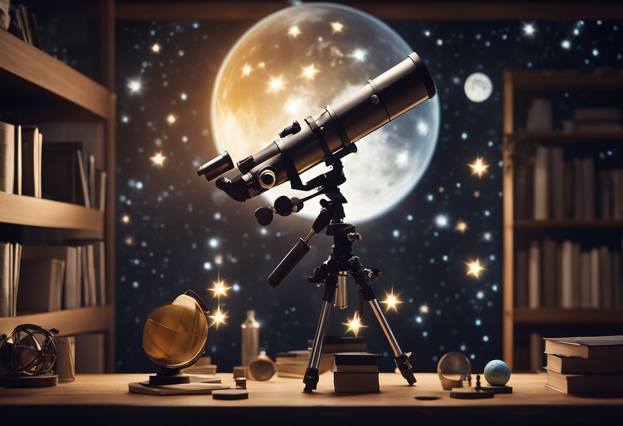 A telescope points towards the night sky, while a model solar system hangs from the ceiling. A table is covered with books and science equipment
