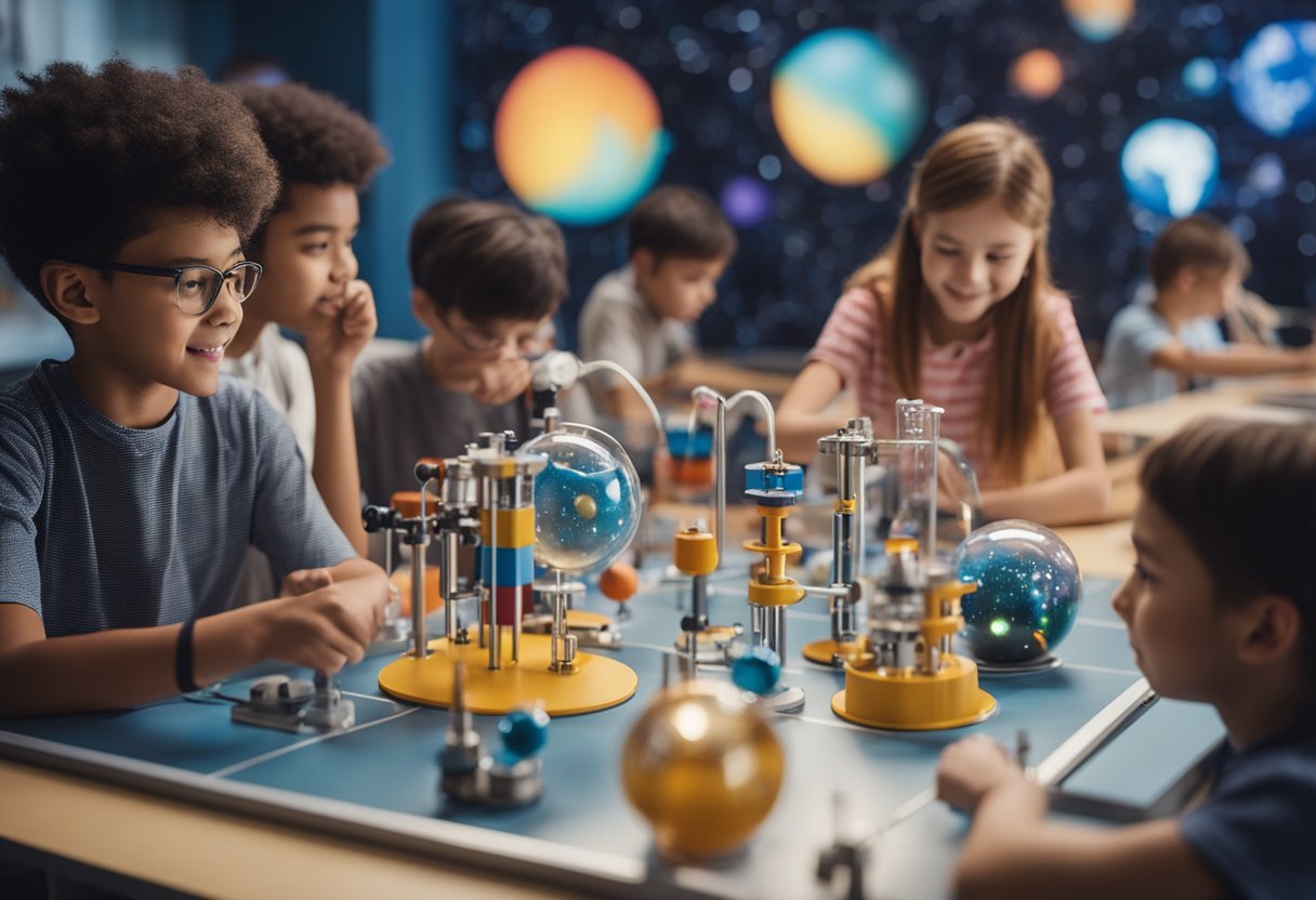 A group of kids conduct space science experiments, surrounded by colorful equipment and educational posters