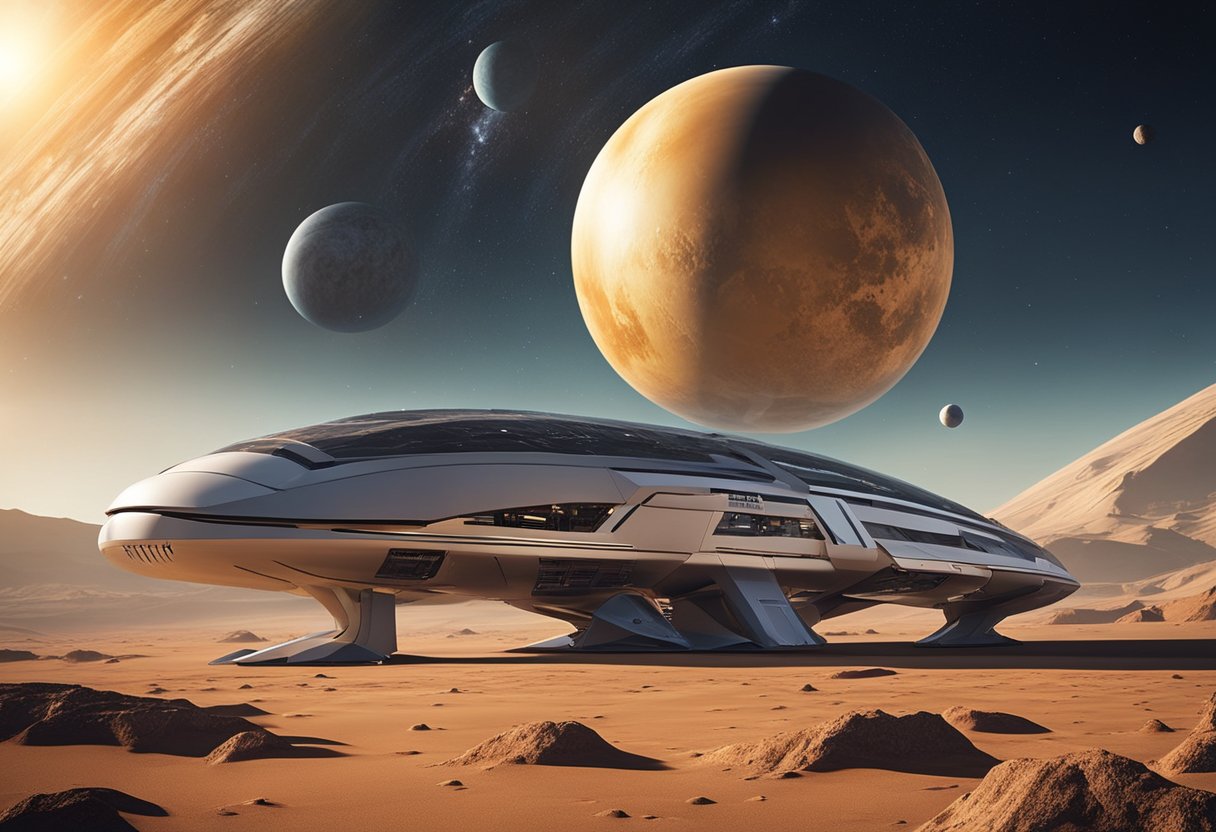 Interplanetary travel: sleek spacecraft orbiting distant planets, with advanced propulsion systems and futuristic architecture