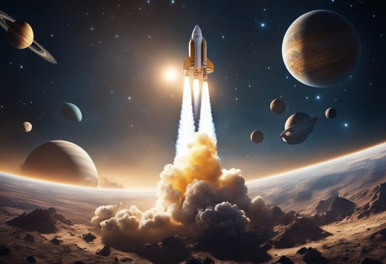 Space shuttle launching into orbit with multiple planets visible in the background, exploring planets in a dramatized outer space scene.