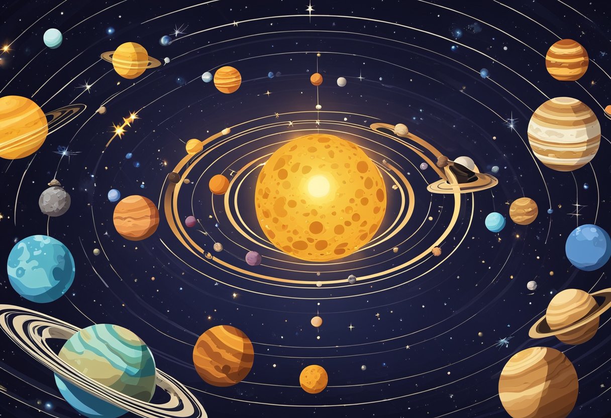 Kids' Guide to the Solar System - A colorful, detailed illustration of the solar system, with planets, moons, and asteroids orbiting around the sun. Each celestial body is accurately depicted in size and color