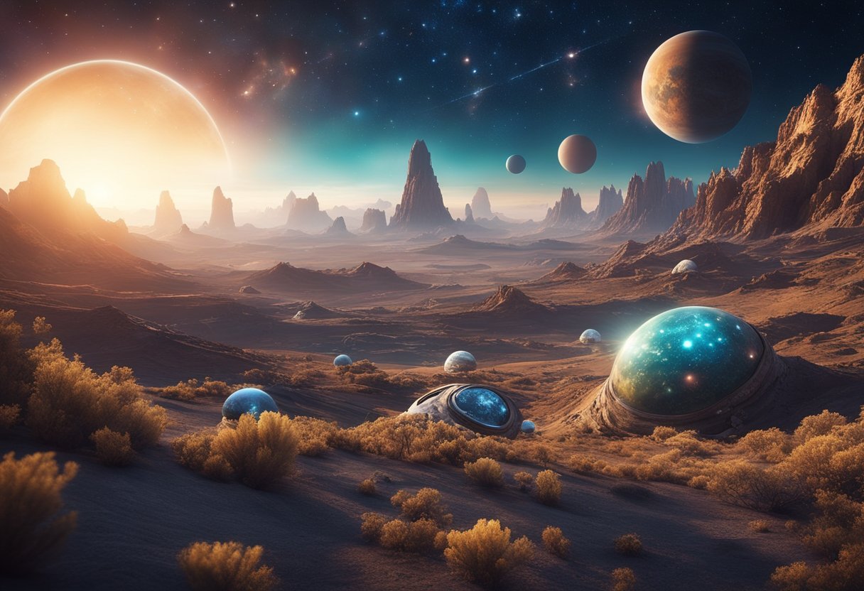 A colorful alien planet with strange creatures and unique landscapes, surrounded by stars and other celestial bodies in the vastness of space
