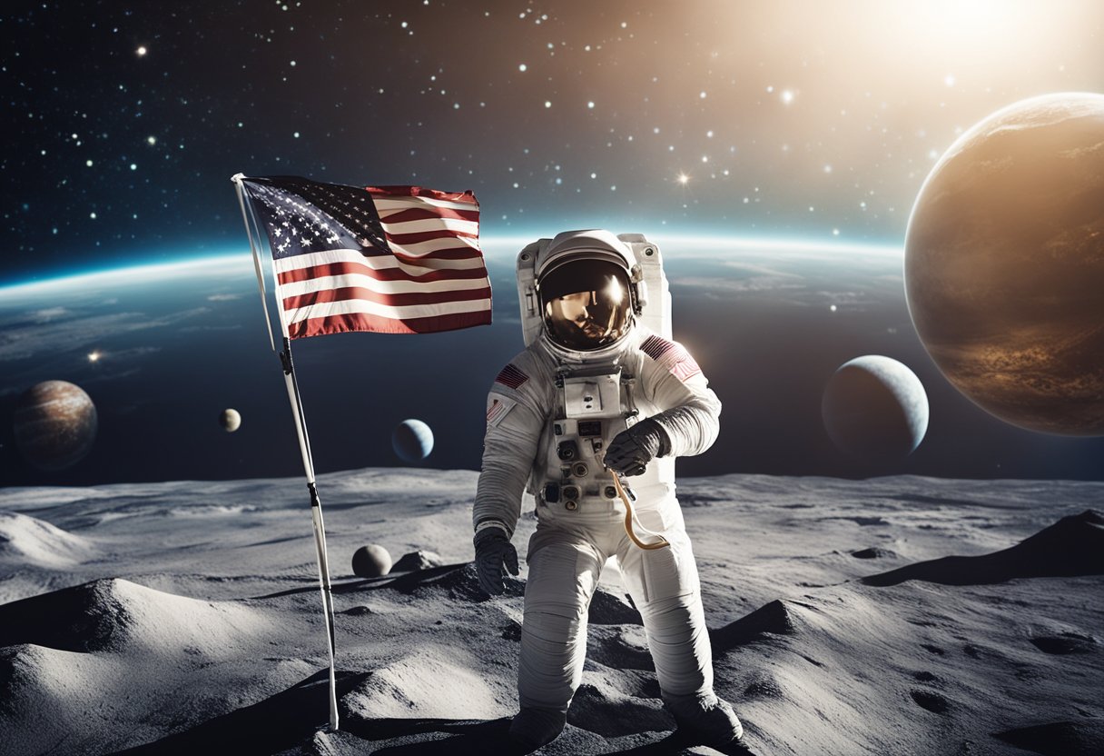 Astronauts floating in space, with planets and stars in the background. A smiling astronaut holding a flag with fun facts written on it