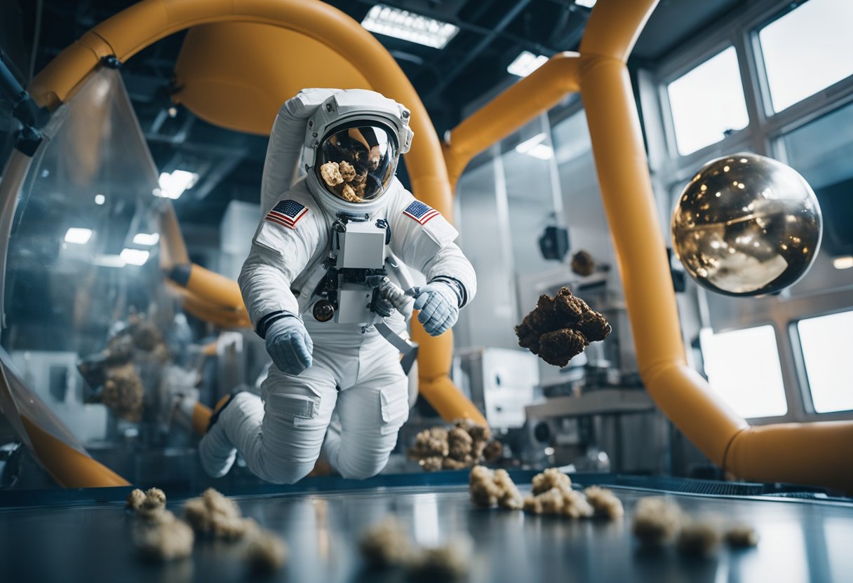Astronauts exercising in a zero-gravity gym, playing with floating objects, and eating freeze-dried space food