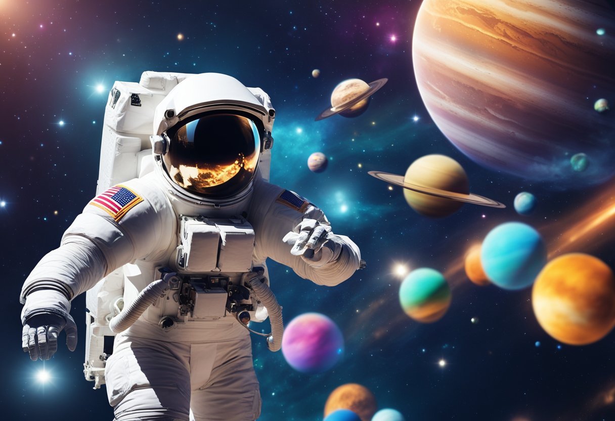 A spacecraft launching into space with colorful planets and stars in the background. Text bubbles with fun astronaut facts floating around the spacecraft
