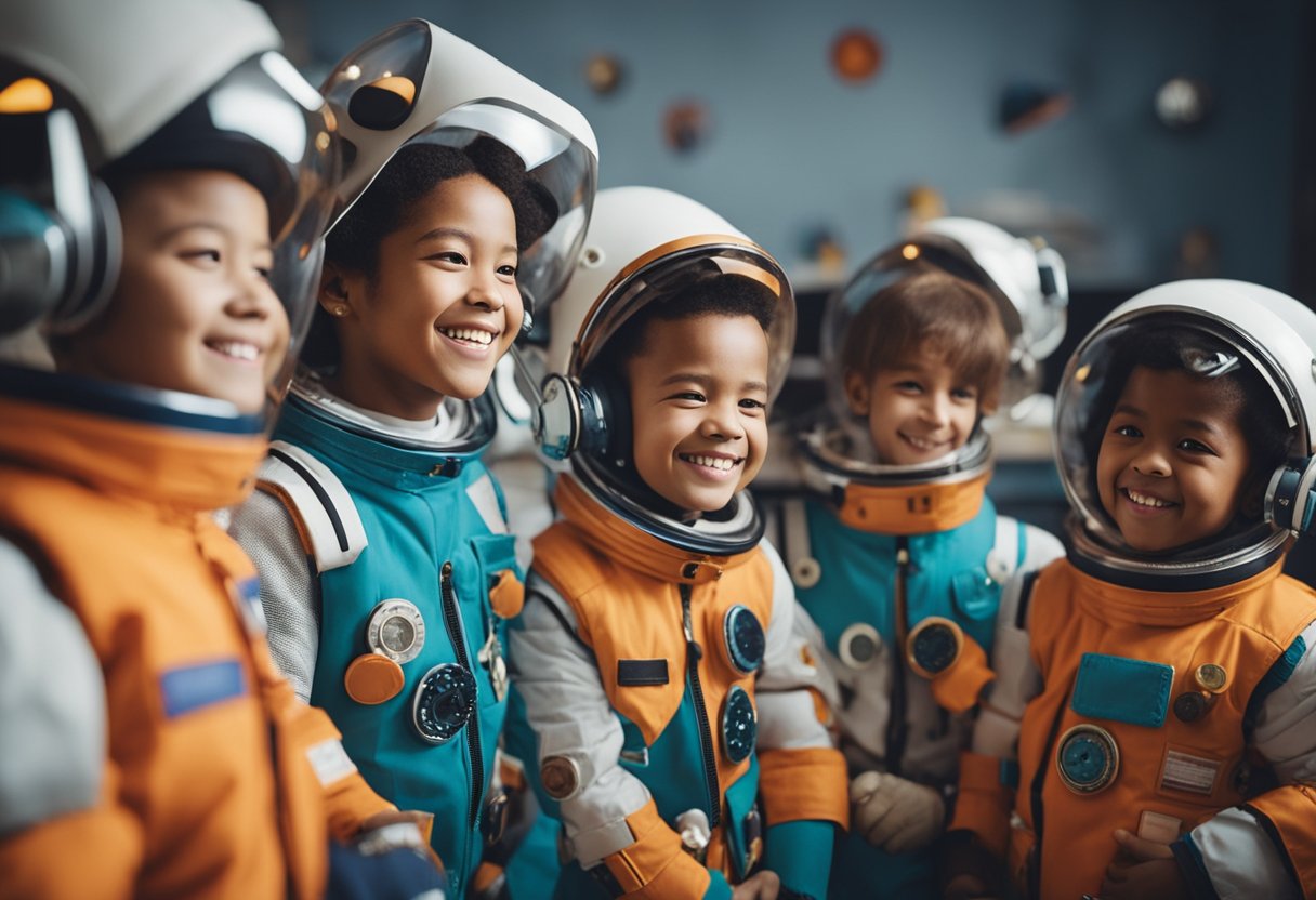 A group of colorful, smiling astronauts interact with children, sharing fun space facts and engaging in educational activities