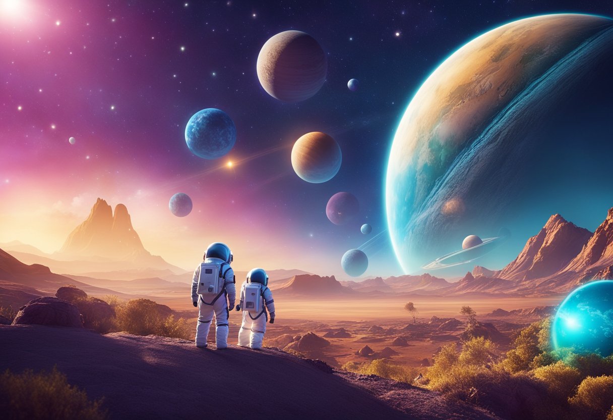 Space Exploration for Kids - Kids in space suits explore a colorful alien planet, with a spaceship in the background and stars twinkling in the sky