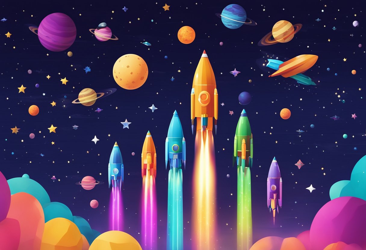Colorful rockets soar through a starry sky, while planets and galaxies surround them, creating a sense of wonder and excitement for young space enthusiasts