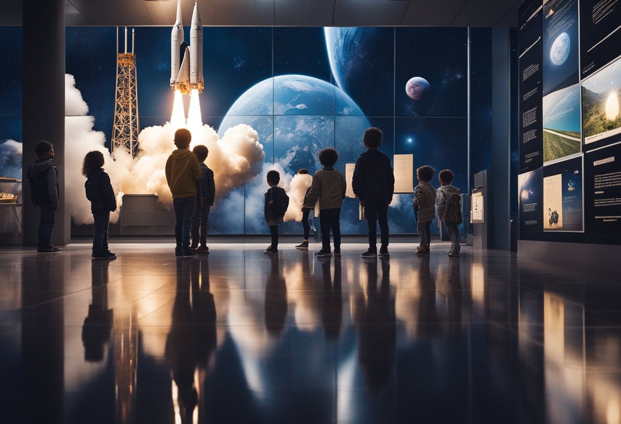Children observing a rocket launch, surrounded by space-themed educational materials and interactive exhibits