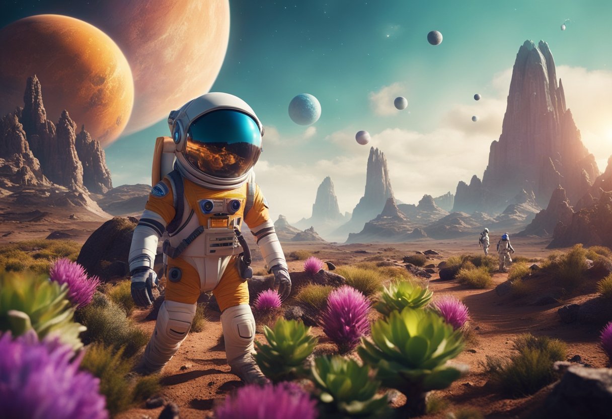 A spaceship lands on a distant planet, with colorful alien plants and creatures surrounding it. A group of excited kids in space suits explore the terrain, searching for signs of life