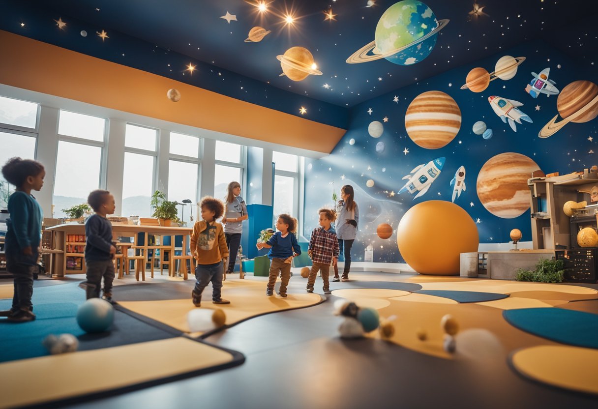 Children in space-themed play area, surrounded by educational posters and models of planets and rockets. Eco-friendly materials and energy-efficient lighting