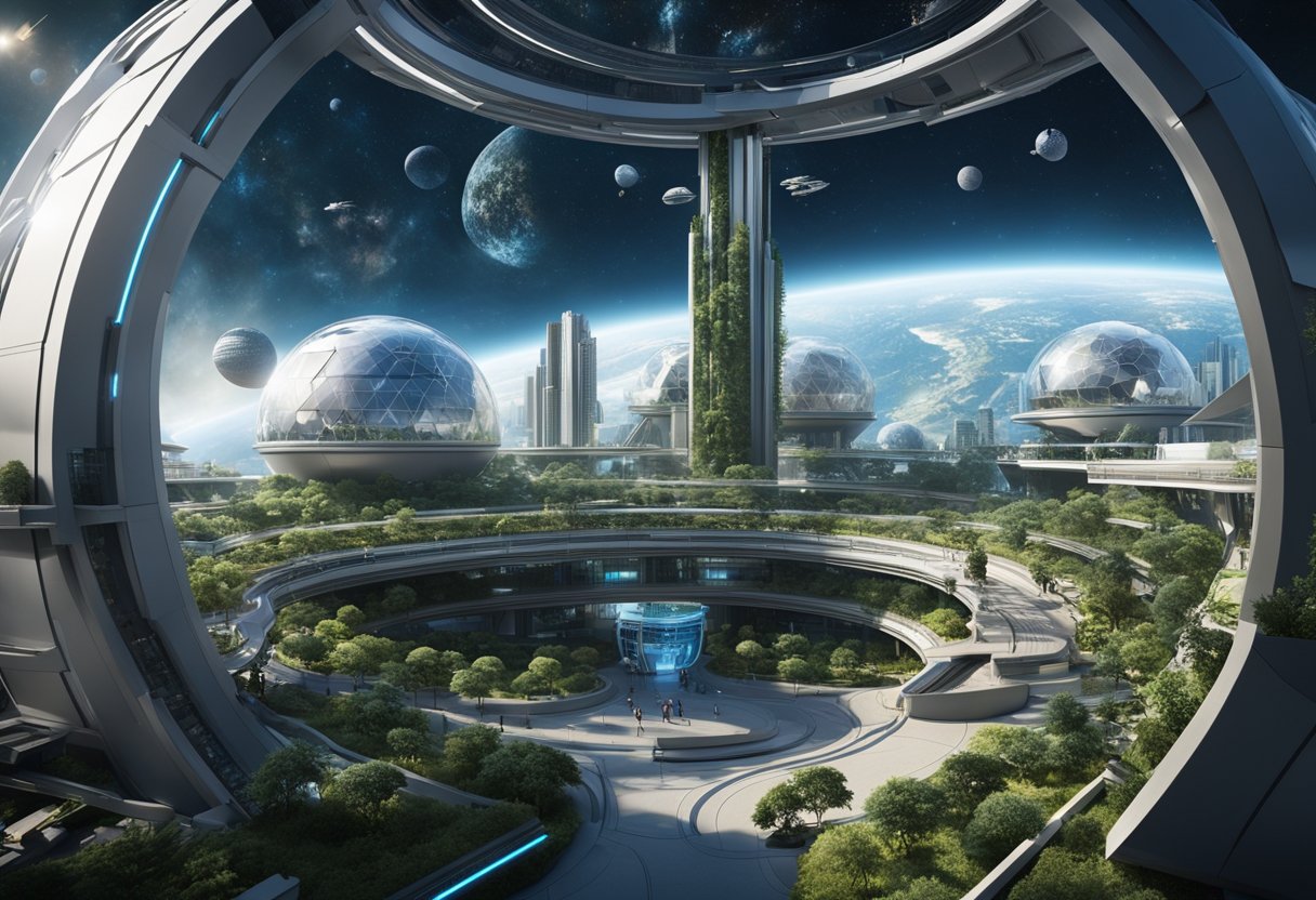 A bustling space habitat, with interconnected domes and high-tech infrastructure, teeming with diverse plant and animal life, and bustling with inhabitants