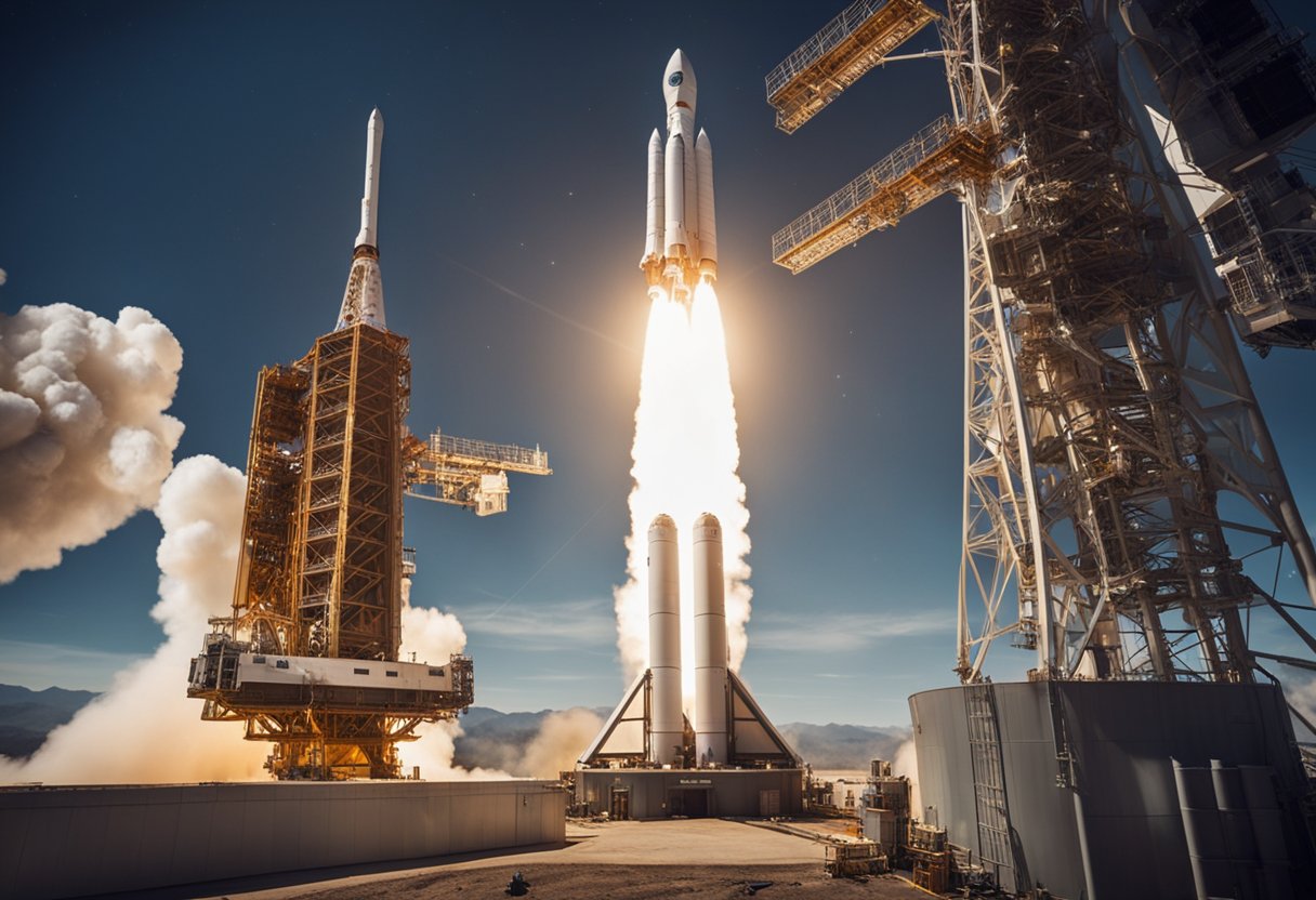 A rocket launches from Earth, carrying supplies for a space station. A group of scientists and engineers work together to build a new spacecraft for deep space exploration